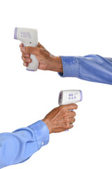 Hands of an elderly man holding infrared thermometer (thermometer gun) Isolated on white background. Senior male wrinkled hand with clipping path.