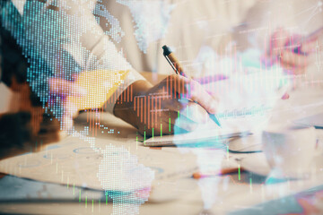 Double exposure of forex graph drawing over people taking notes background. Concept of financial...