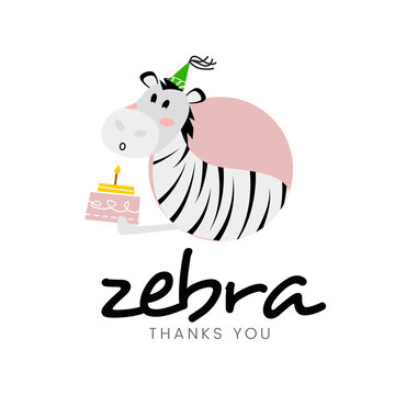 Vector illustration of a zebra logo with balloons and the inscription thank you. Emblem with animal zebra, balloons, lettering zebra thank you