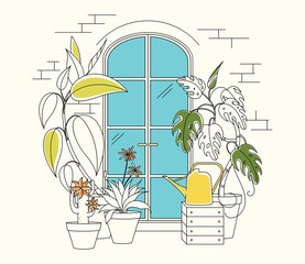 A door in the garden. Picturesque window with plants and watering can. Cozy greenhouse and winter garden.