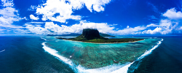 Mauritius, Helicopter panorama of Indian Ocean and Le Morne Brabant peninsula in summer