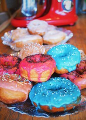 Colorful donuts. Homemade bakery in a kitchen 