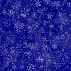 Fototapeta na wymiar Christmas seamless pattern of snowflakes of different shapes, sizes and transparency, on blue background