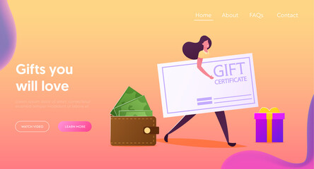 Festive Sale, Shopping Promotion Offer Landing Page Template. Female Character Carry Huge Gift Certificate near Gift Box