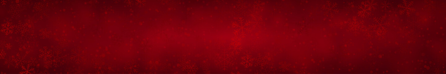 Fototapeta na wymiar Christmas banner of snowflakes of different shapes, sizes and transparency on red background