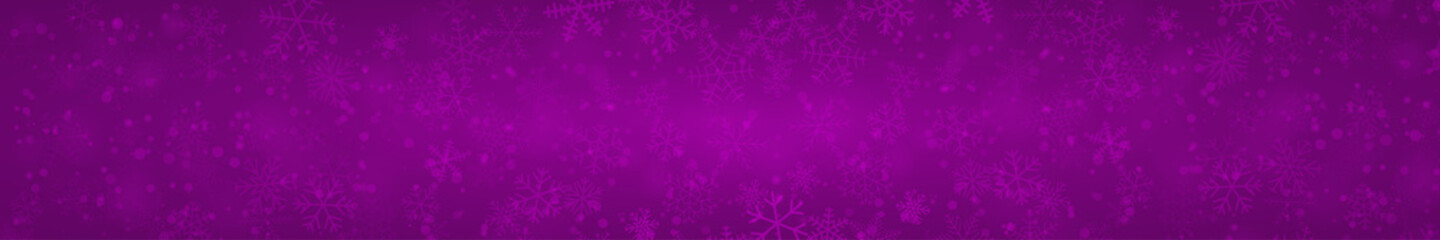 Christmas banner of snowflakes of different shapes, sizes and transparency on purple background