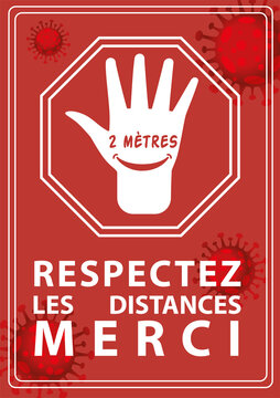 affiche pour respecter les distances de sécurité à cause du coronavirus ou de la covid 19 de 2 mètres en blanc représenté par une main dans un hexagone sur un fond rouge avec des virus