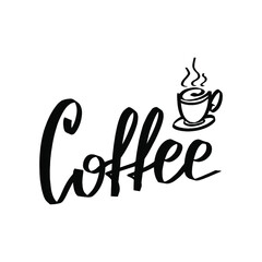 Lettering of coffee and a cup of coffee, for postcards, printing on clothes and other designs.