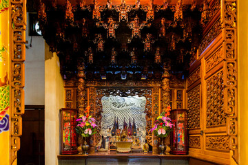 Tainan, Taiwan, Asia, October 12, 2019 Fresh fruit as an offering to ancient deities at the altar...