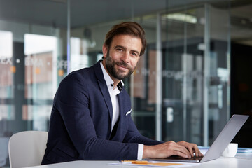 Businessman working on laptop while sitting by desk in office