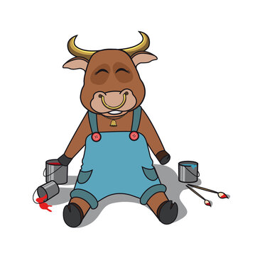 The bull sits in overalls near the paint buckets and paint brushes. Bull character in clothes sits near paint and brushes. Vector illustration