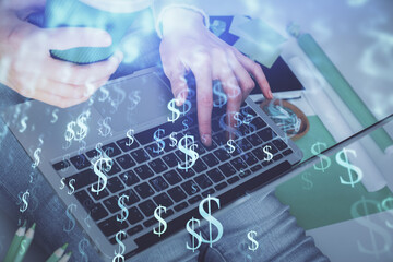 Double exposure of woman hands typing on computer and forex chart hologram drawing. Stock market invest concept.
