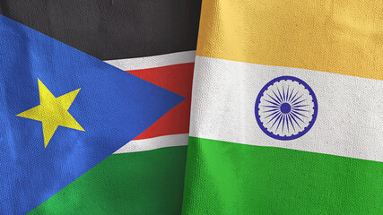 India and South Sudan two flags textile cloth 3D rendering