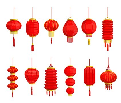 Chinese paper lantern and red lamp isolated icons of Asian Lunar New Year holiday decoration vector design. Spring festival lanterns with gold ornaments and tassels, oriental culture tradition