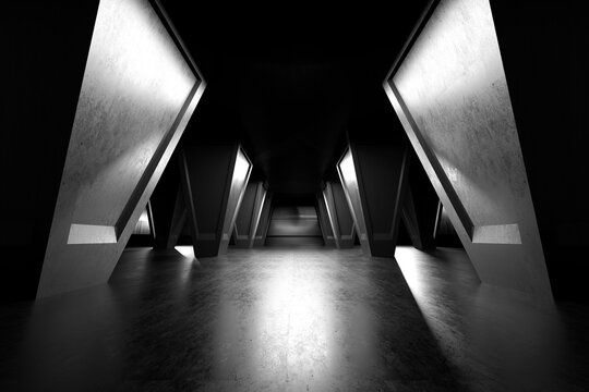 Three dimensional render of dark futuristic corridor inside spaceship or space station