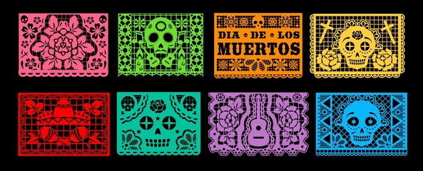 Dia de los Muertos papel picado vector set of Mexican Day of the Dead or Halloween holiday. Paper cutting flags bunting garland with pattern of skull, sombrero, maracas, guitar and marigold flower