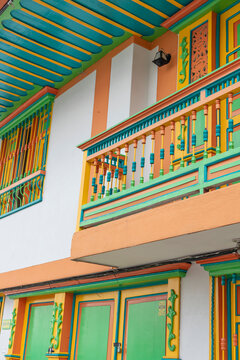 Balconies and windows of red, blue, green, yellow colors in the coffee region in Colombia