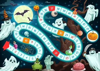Halloween board game for children vector template of map with path, start, finish and numbered steps. Strategy maze or puzzle tabletop game with cartoon pumpkin, ghosts, bats, spider, moon and zombie