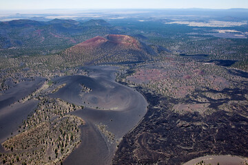 Sunset Crater and cinder fields aerial view
