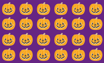 Halloween background design with repeating modules of smiling pumpkins on contrasting background. Colorful design.