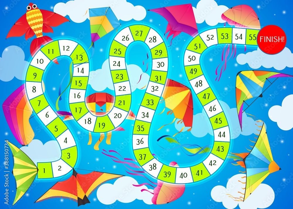 Poster start to finish children board game vector template with cartoon kites and route map with numbered s