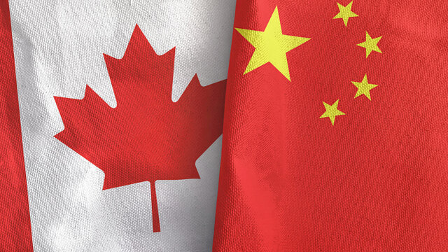 China And Canada Two Flags Textile Cloth 3D Rendering