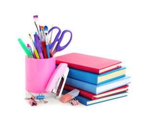 Fototapeta premium Set of colorful school stationery on white background