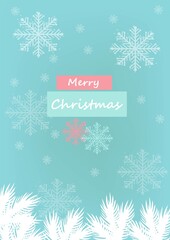 Merry Christmas and Happy New Year soft realistic blue greeting card with white snowflakes, branch and frame with text