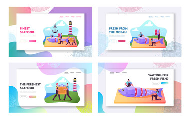 Fishery Industry Landing Page Template Set. Tiny Fishers Cutting Fresh Fish on Coastline with Lighthouse and Anchor