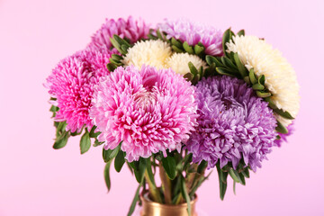 Beautiful asters on pink background, closeup. Autumn flowers