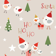Cute Christmas seamless pattern with Santa hats on happy birds, trees, presents and stars on beige background. Great for winter fabric, textile, holiday wrapping paper, scrapbooking. Surface pattern