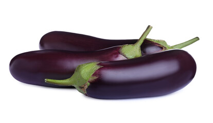Organic fresh ripe eggplants on white background