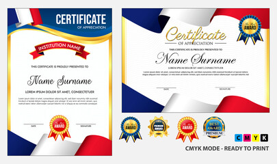 Diploma certificate template with luxury and glamour style, or certificate with gold badge, or Diploma certificate template with french flag wave theme . eps vector cmyk mode, easy to modify