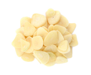 Pile of fresh sliced garlic cloves isolated on white, top view. Organic food