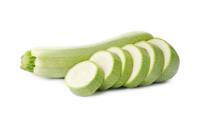 Cut and whole green ripe zucchinis on white background