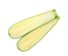 Halves of ripe zucchini on white background, top view