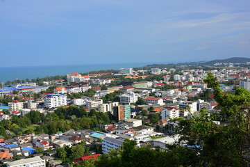 Fototapeta premium Natural views with the sea and mountains of Songkhla seen from the top of the mountain.