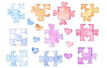 Set of puzzle pieces with heart shaped  grooves. Watercolor illustration on a white isolated background. Visible watercolor texture. Element for design for romantic occasions, Valentine's and wedding.
