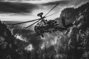 American attack helicopter in black and white