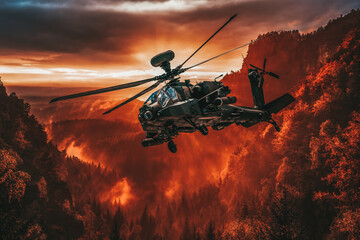American attack helicopter flies over a beautiful landscape