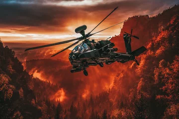 Fotobehang American attack helicopter flies over a beautiful landscape © filmbildfabrik