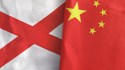 China and Northern Ireland two flags textile cloth 3D rendering