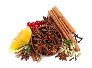 Composition with ingredients for mulled wine on white background
