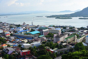 Natural views with the sea and mountains of Songkhla seen from the top of the mountain.
