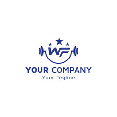 Alphabet WF with star, dumbbell icon, physical fitness image, Physical Fitness logo icon, green gradient color, company vector design