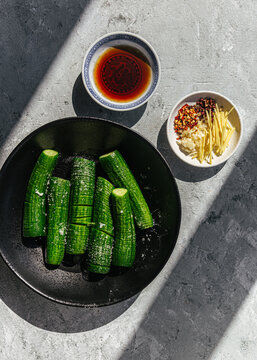 Sliced cucumbers with asian condiments