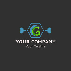 Alphabet G arm shape with dumbbell icon, Physical Fitness logo icon, green gradient color, company vector design