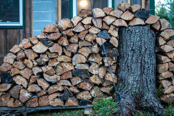 A stack of firewood, ready for winter. - 388160916