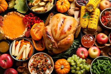 Traditional Thanksgiving day feast with delicious cooked turkey and other seasonal dishes as...