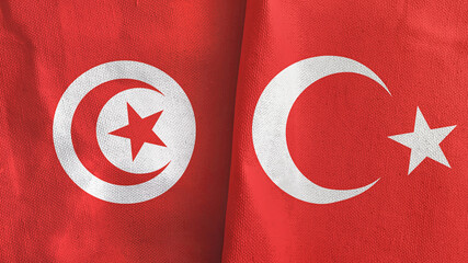 Turkey and Tunisia two flags textile cloth 3D rendering